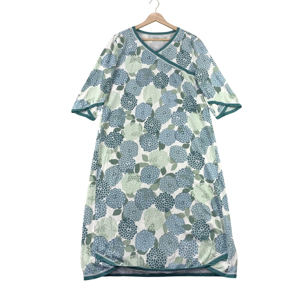Garnet Hill Floral Nightgown Dress Womens M Blue Green Organic Cotton Sleepwear